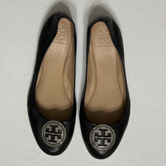 Tory Burch Liana Black Leather Rhinestone Logo Jeweled Medallion Ballet Flats 6M - Picture 1 of 9